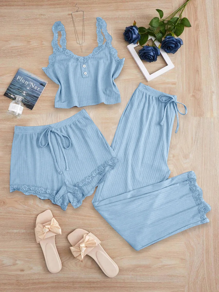 No. 5 Sleepwear Set, 3PC, Scalloped Neckline Tank Top, Ribbed Matching Shorty Short, Matching Scallop Hem Pant, Soft Essential