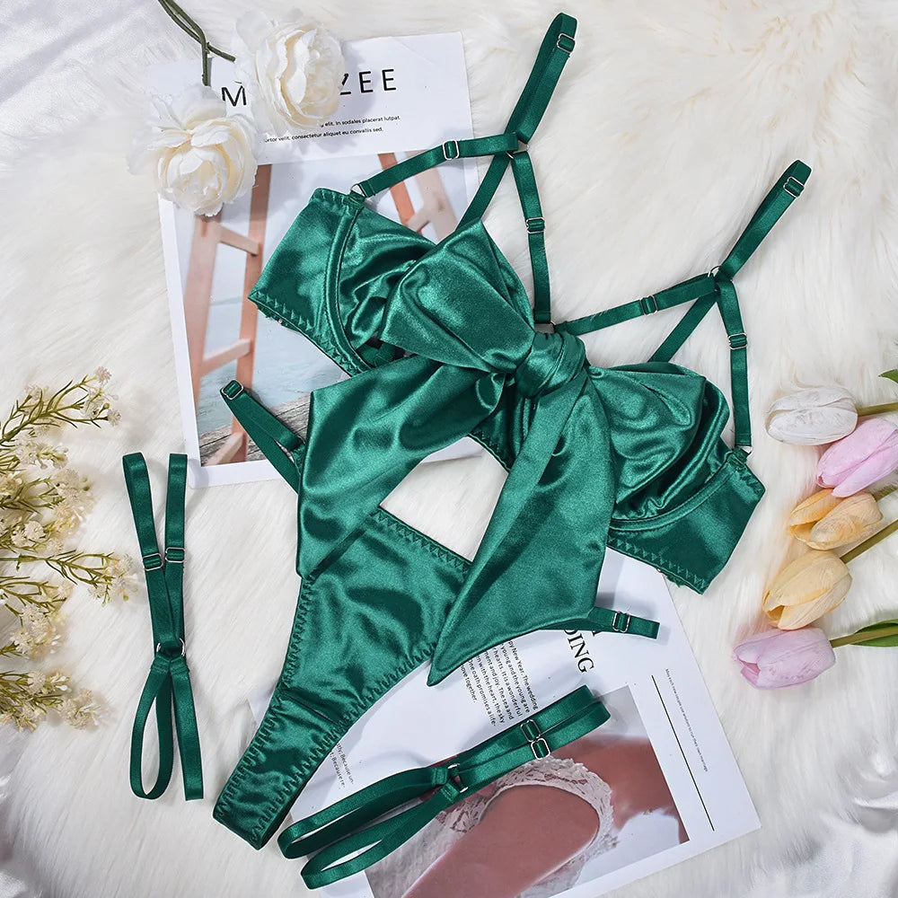 No. 2 Lingerie Set, 3 PC Gift Wrapped Bra With Hollow Cups, Caged Neckline, High Waist Thong, Garters