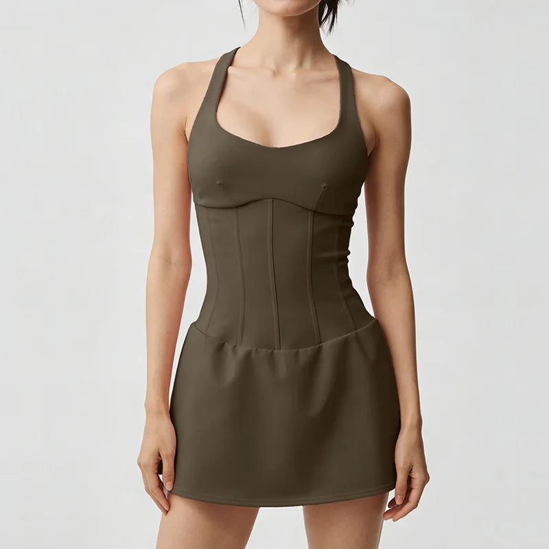 No. 8 Dress, Corset Waist Tennis Dress, Criss Cross Back, Under Shorts, Dry Fit
