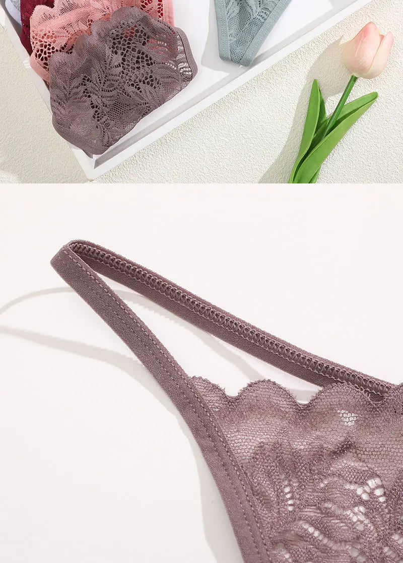 No. 4 Lingerie Panty, 6 PC Thong Set, Low Rise, Bikini Cut, Lace Front, G-String