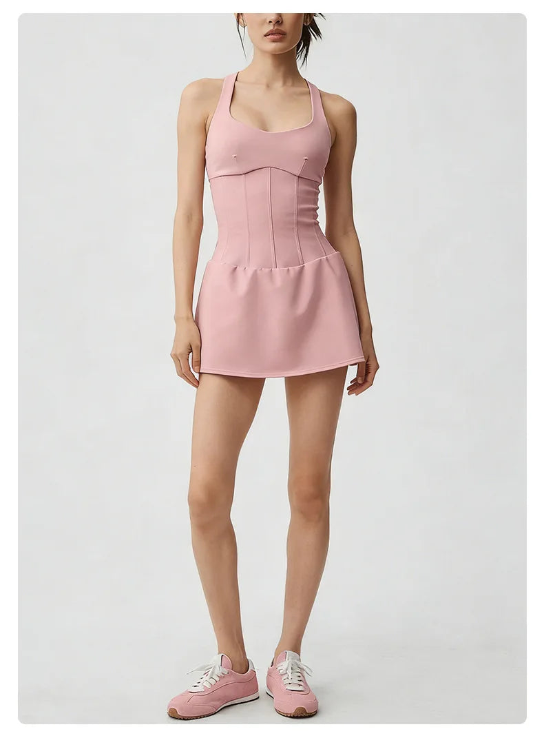 No. 8 Dress, Corset Waist Tennis Dress, Criss Cross Back, Under Shorts, Dry Fit