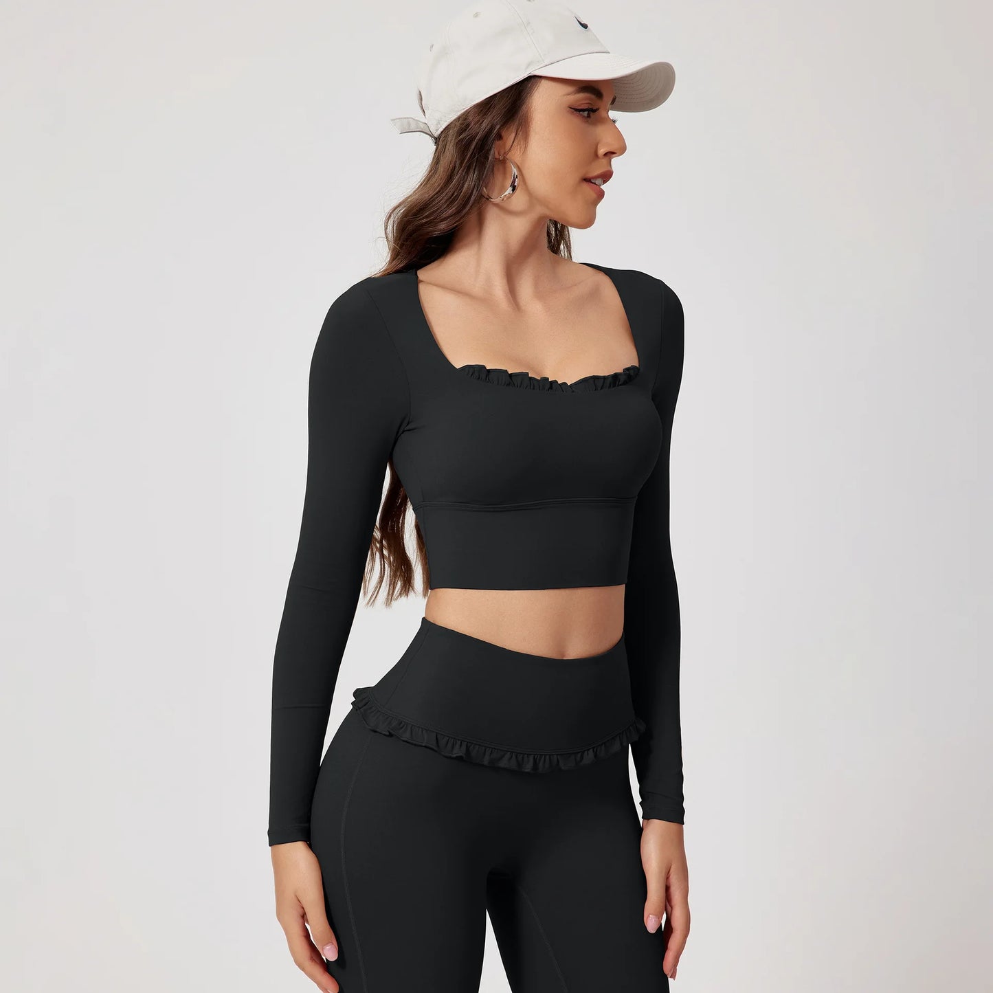 No. 8 Matching Set, Coquette, Ruffle Detailing Along Neckline And Waist, Long Sleeve, Crop Top, Square Neck