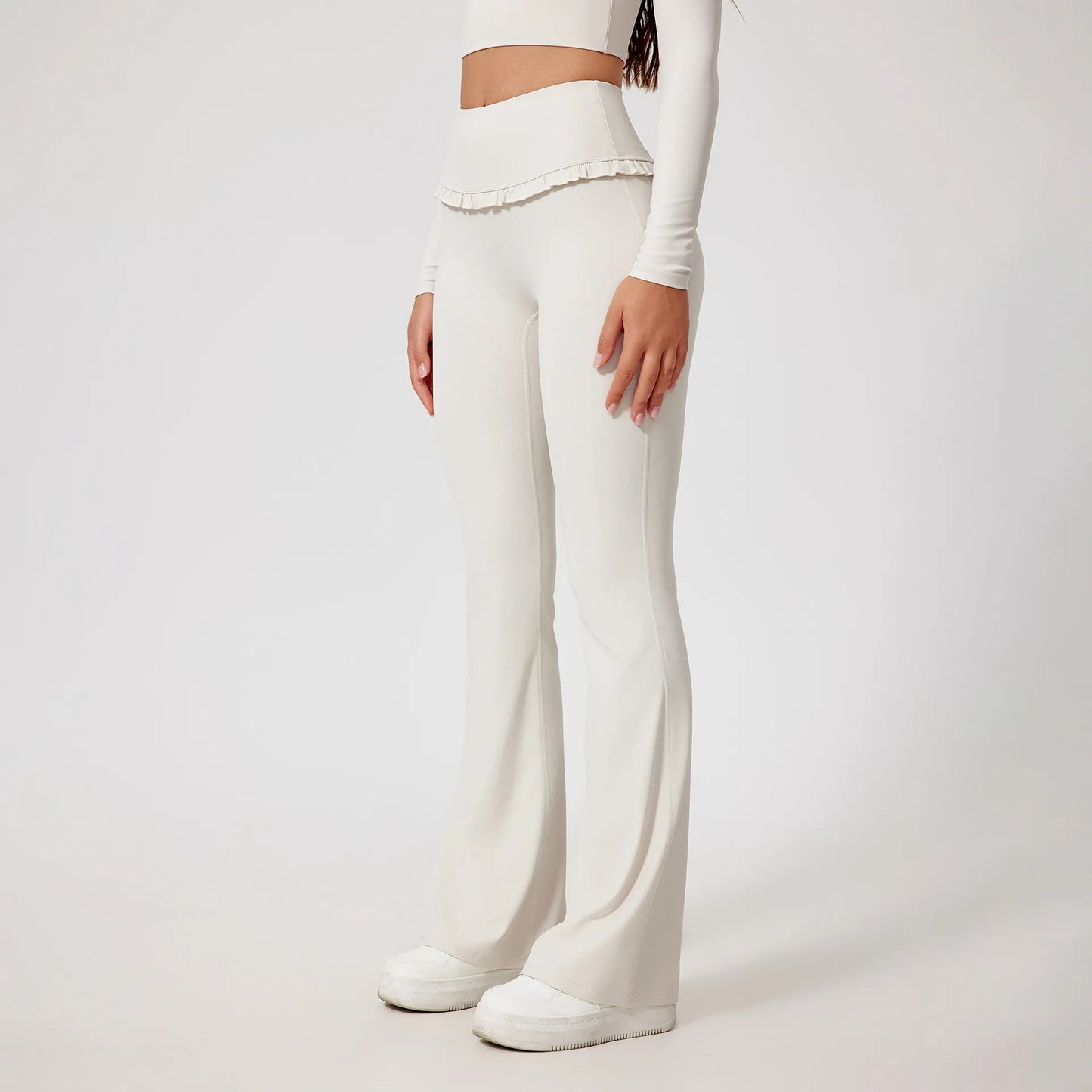 No. 8 Matching Set, Coquette, Ruffle Detailing Along Neckline And Waist, Long Sleeve, Crop Top, Square Neck
