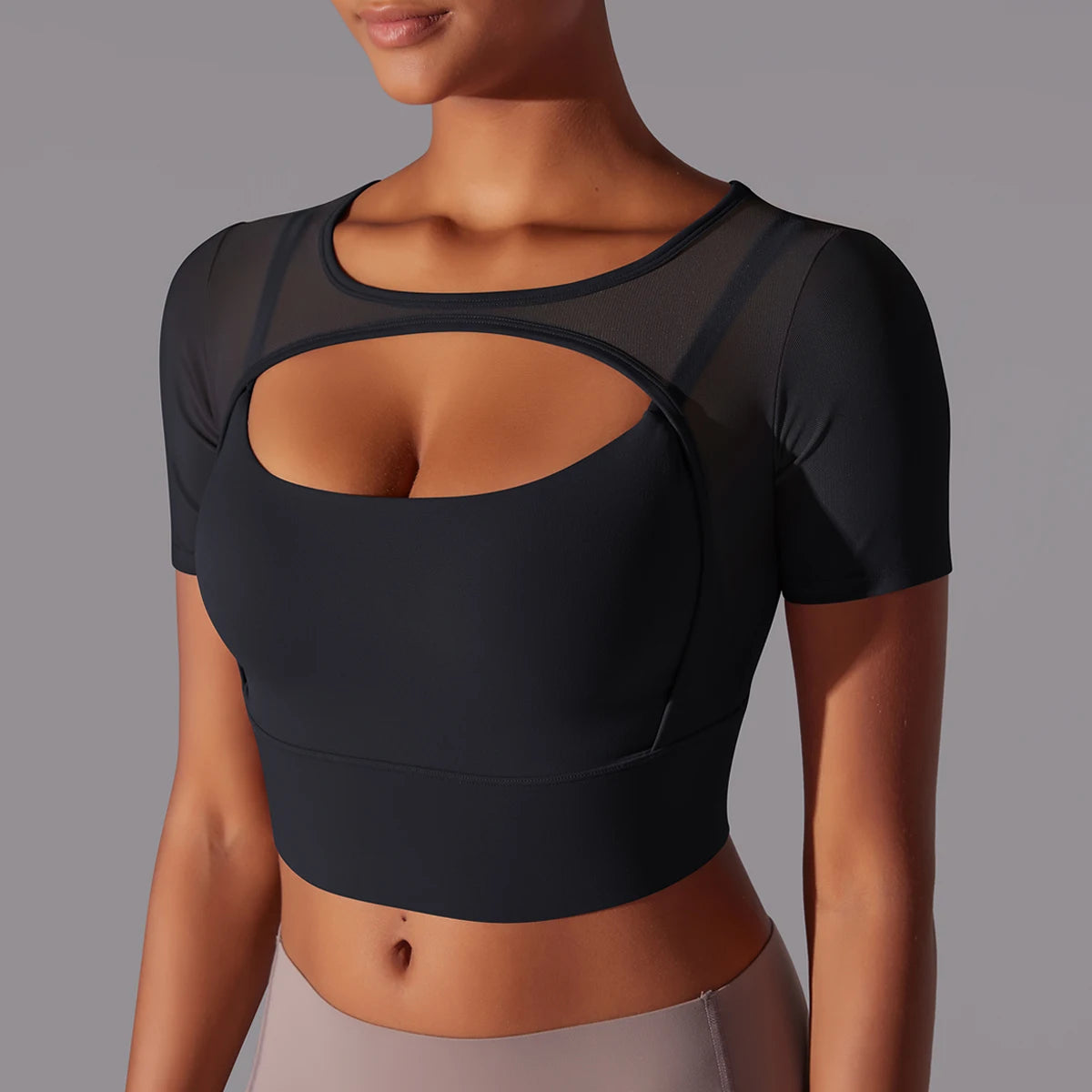 No. 6 Short Sleeve Shirt, 1PC, Peekaboo Neckline, Mesh Back and Chest Detail, Cropped Length