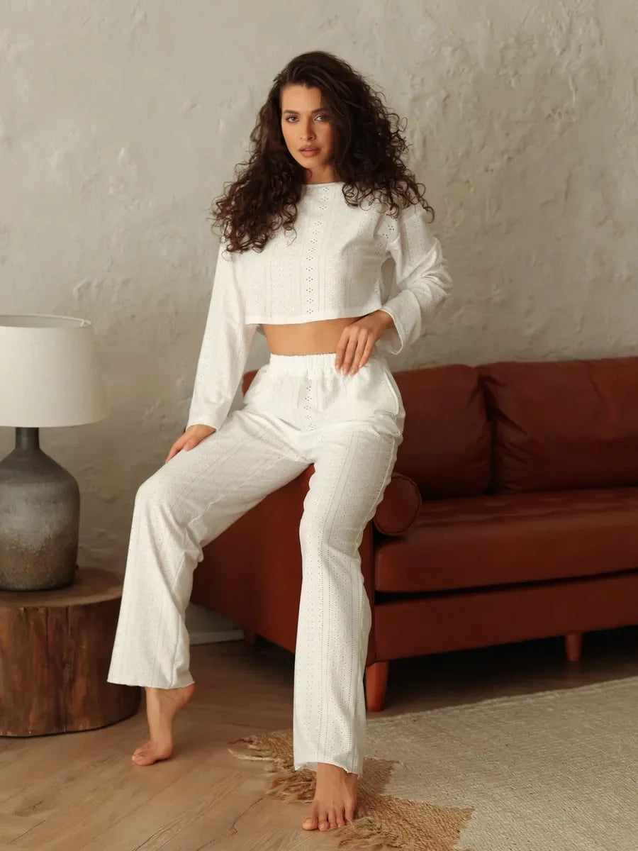 No. 7 Sleepwear Set, 2 PC, Semi Sheer, Long Sleeve, Pant, Eyelet Detailing, Cozy, Summer