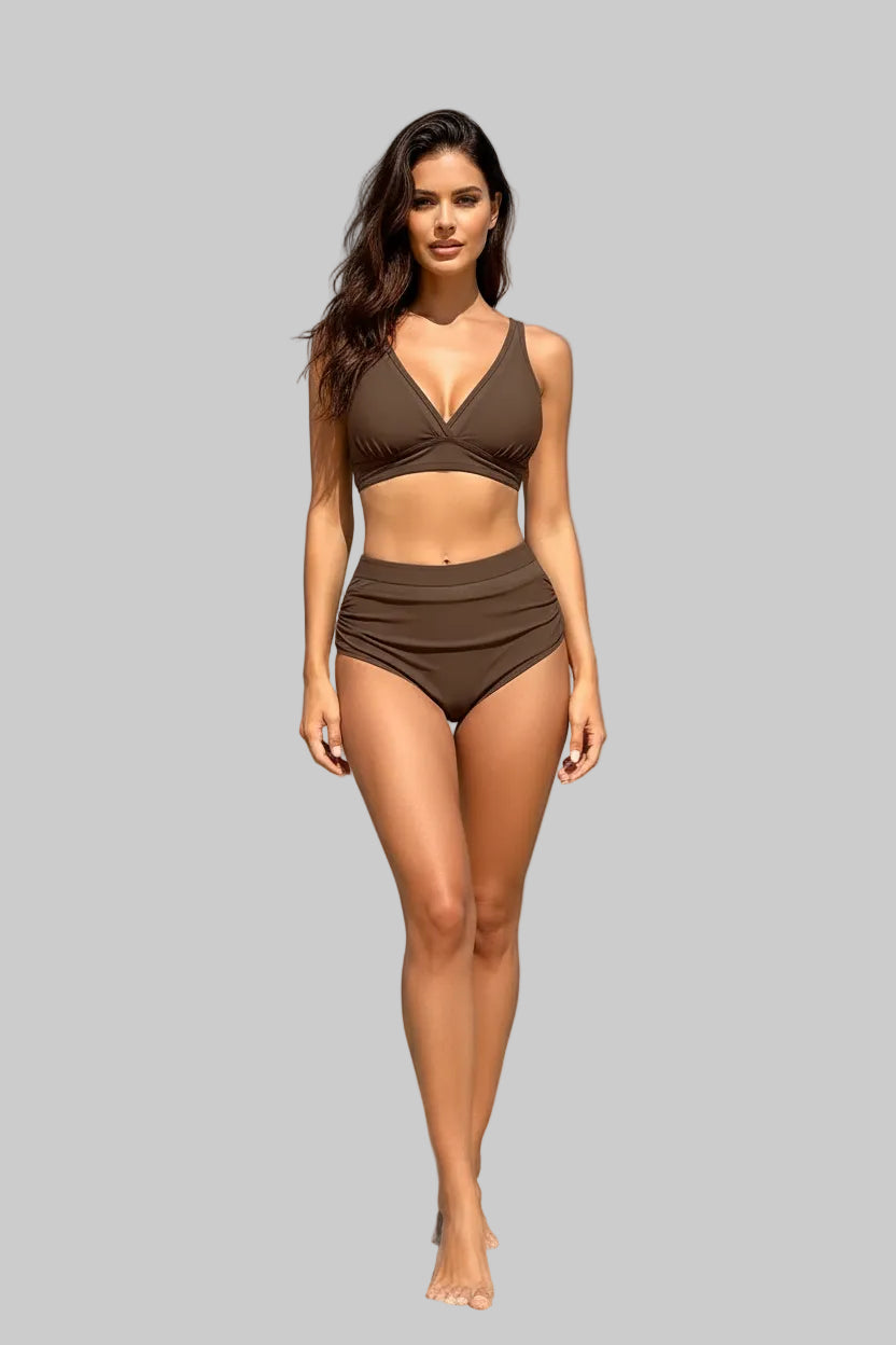 No. 8 Swimsuit, 2-3 PC High Waisted Bikini Set, V- Neck Bralette With Sheer Paneling, Full Coverage Brief, Sheer Mesh Waistband, Extended Sizes Available