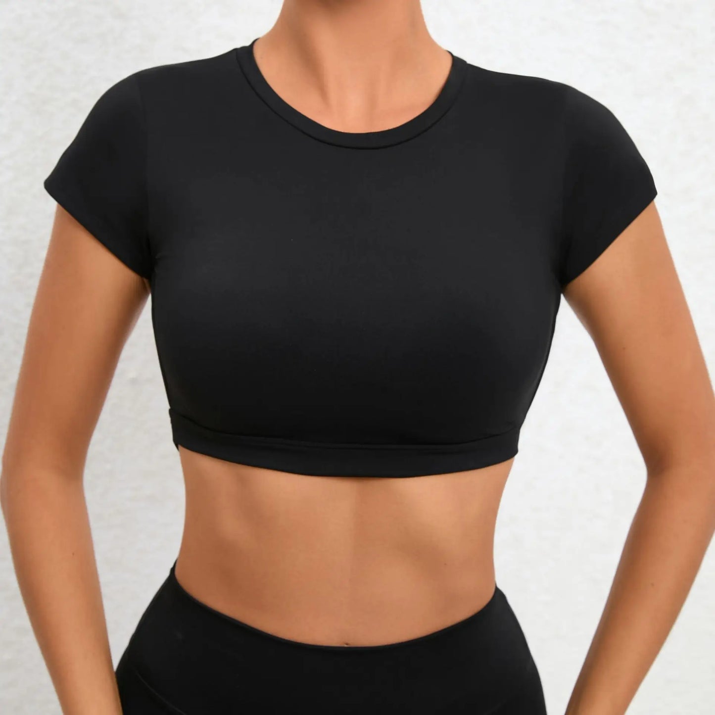 No. 5 Sports Bra, Backless Crop Top, Cupped Sleeves, Open Back, Faux Shirt