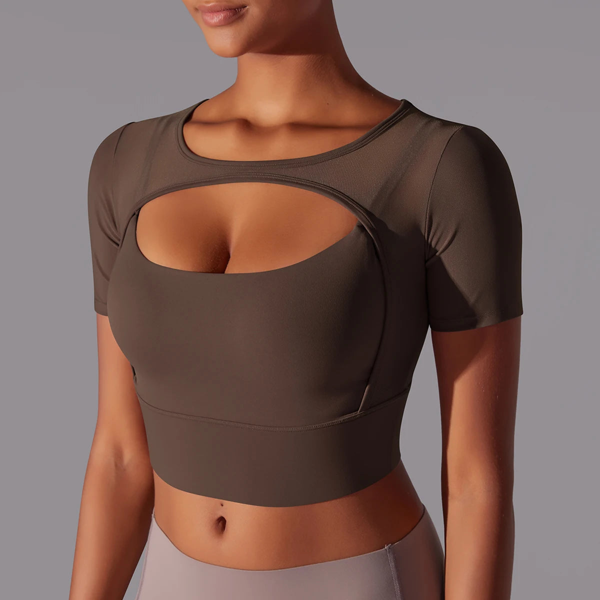 No. 6 Short Sleeve Shirt, 1PC, Peekaboo Neckline, Mesh Back and Chest Detail, Cropped Length