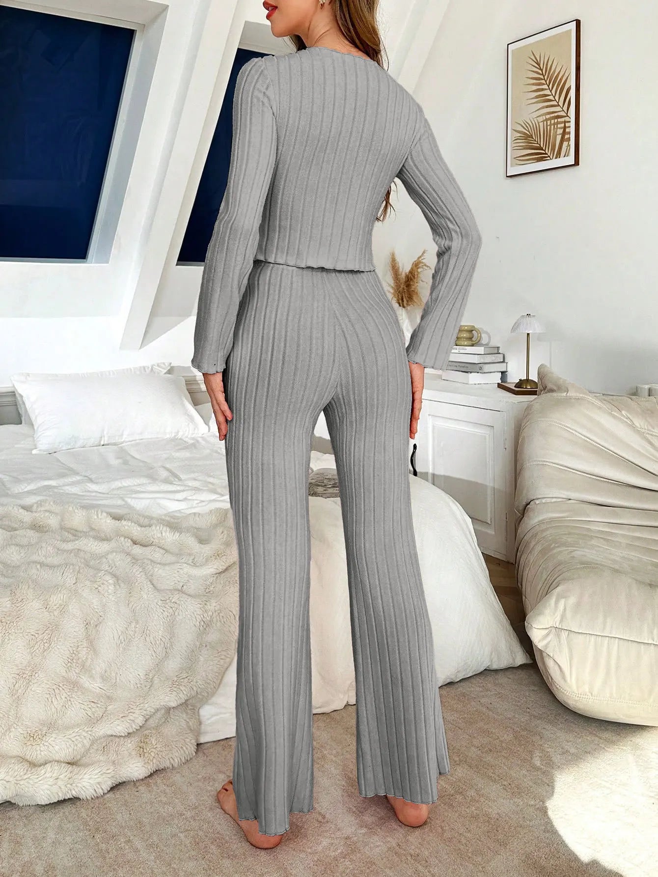 No. 8 Sleepwear Set, Long Sleeve, Ribbed, Lettuce Detailing, Matching Ribbed Flare Pant, Cozy
