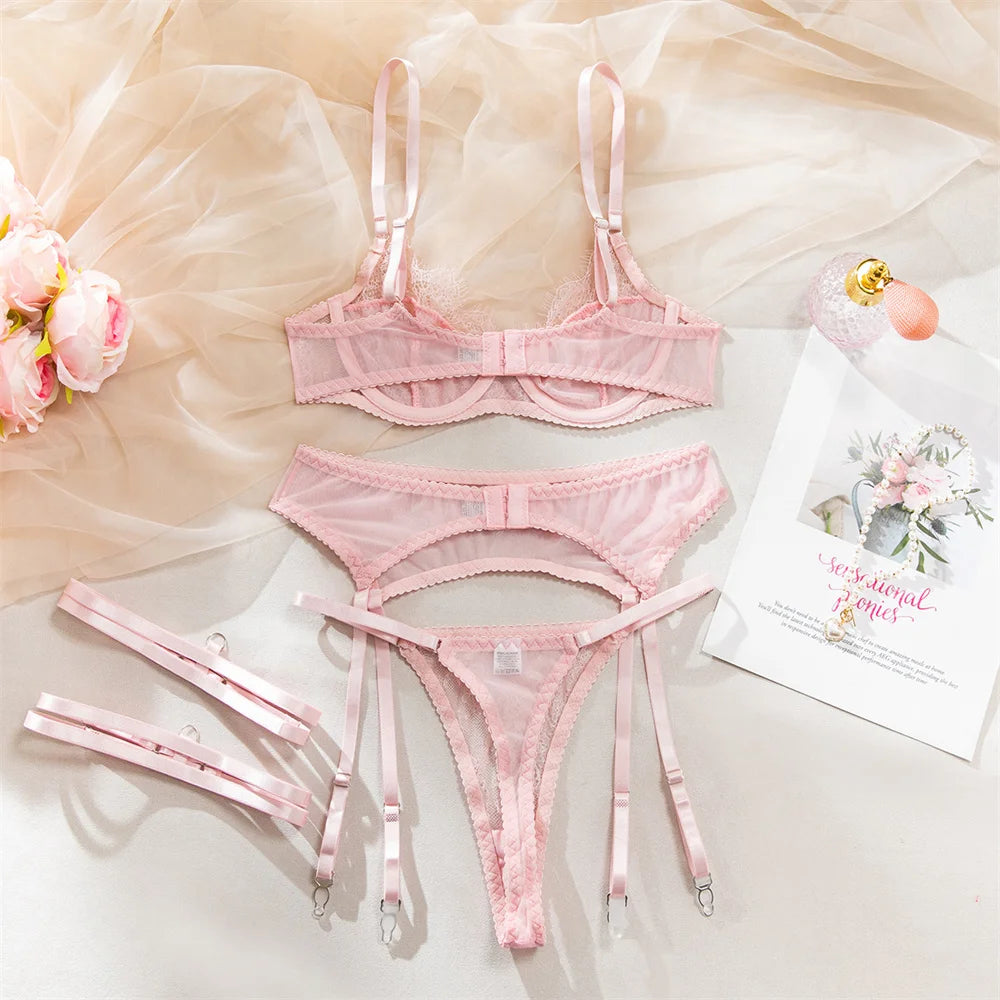 No. 8 Lingerie Set, 4 PC French Lace 3/4 Structured Cup Bra With Garter Belt, Garter, & Thong