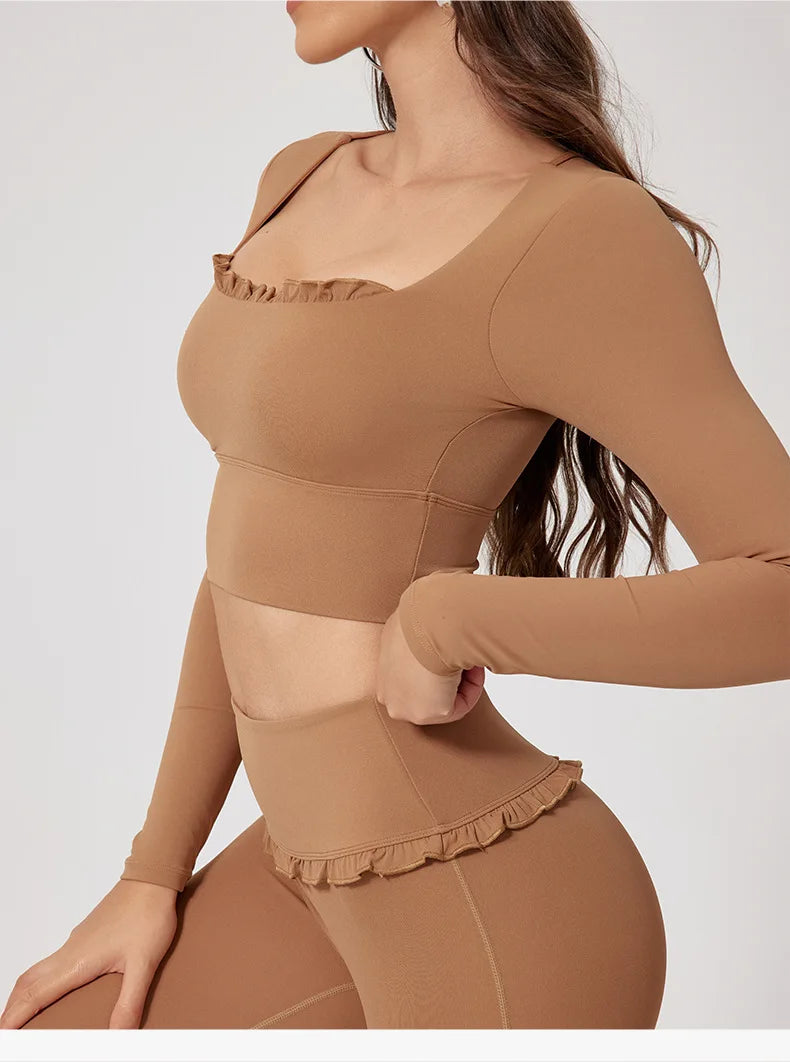 No. 8 Matching Set, Coquette, Ruffle Detailing Along Neckline And Waist, Long Sleeve, Crop Top, Square Neck