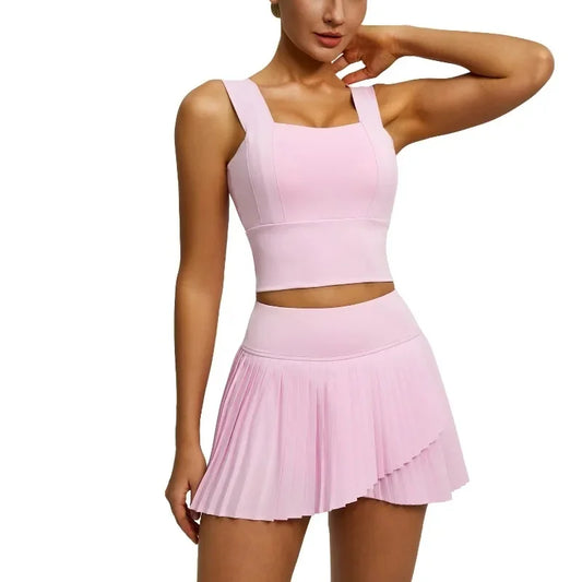 No. 3 Matching Set, A Symmetrical Pleated Tennis Skirt With Square Neck Full Coverage Tank Top