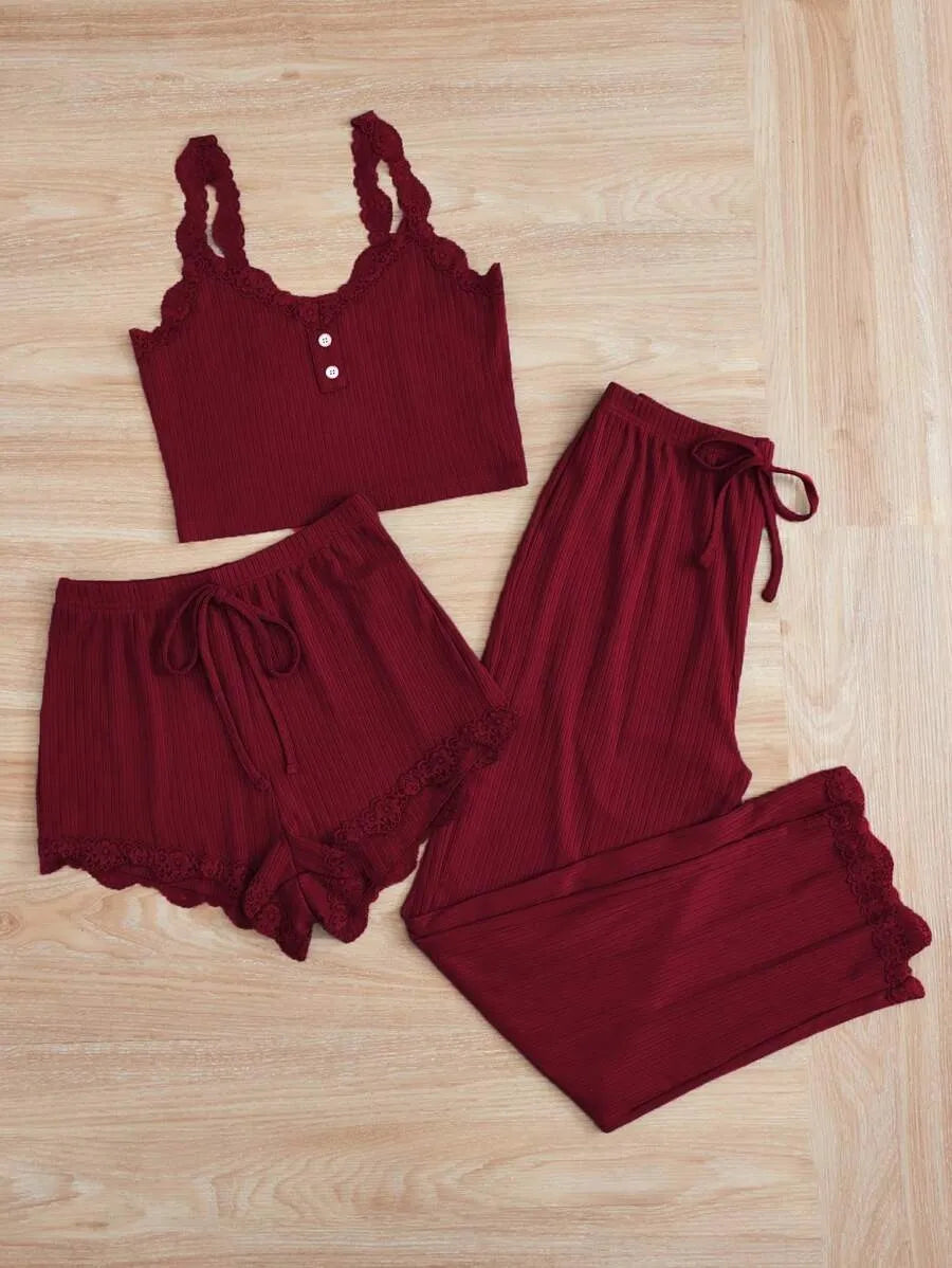No. 5 Sleepwear Set, 3PC, Scalloped Neckline Tank Top, Ribbed Matching Shorty Short, Matching Scallop Hem Pant, Soft Essential