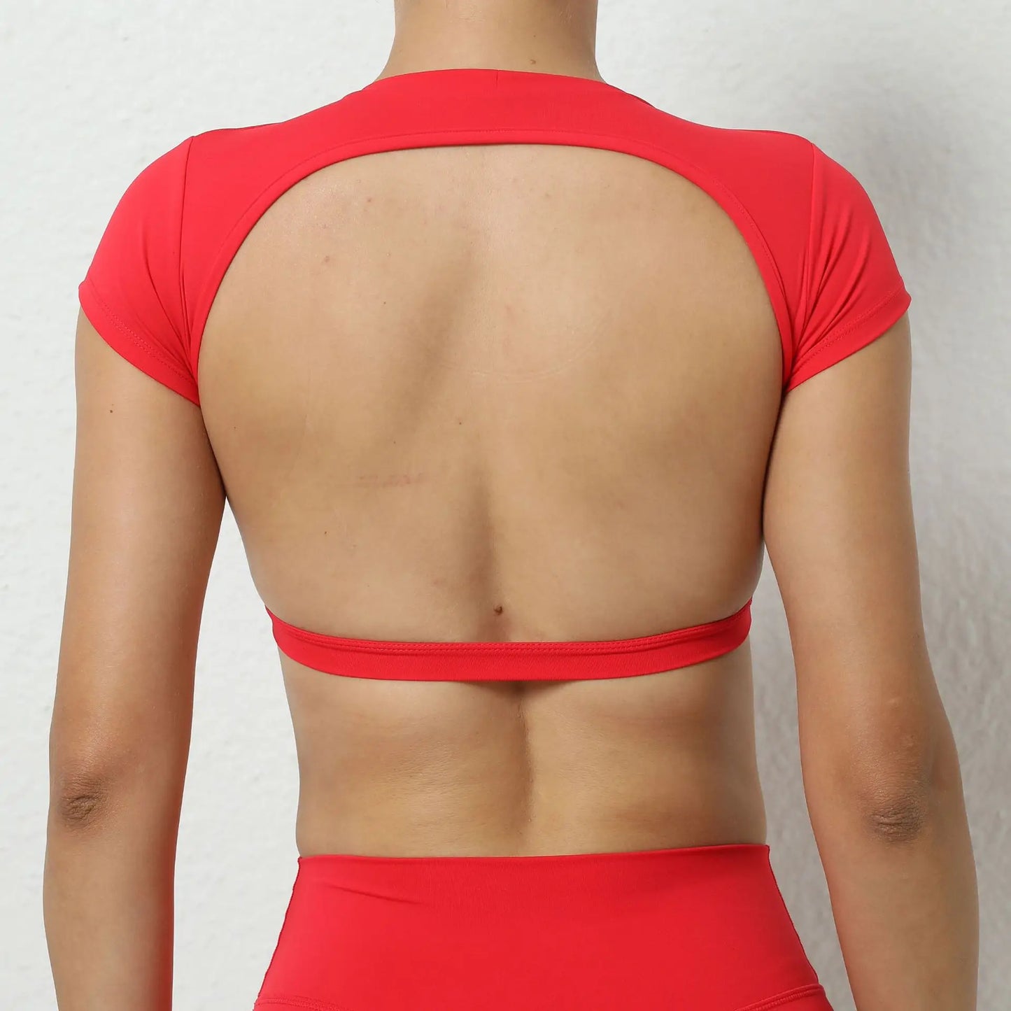 No. 5 Sports Bra, Backless Crop Top, Cupped Sleeves, Open Back, Faux Shirt