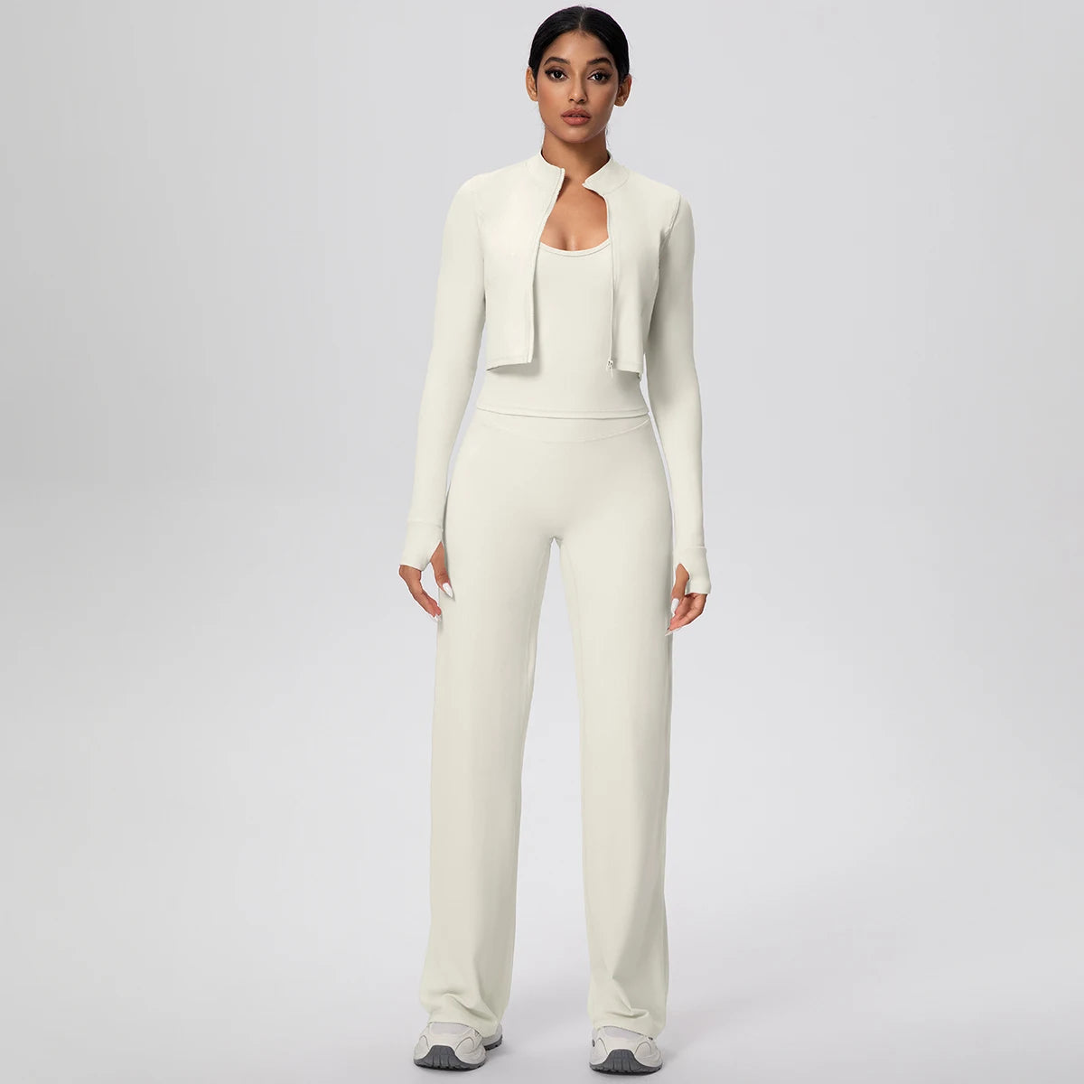 No. 1 Matching Set, 3 PC Full Zip Jacket, Halter Tank, and Wide Leg Pant