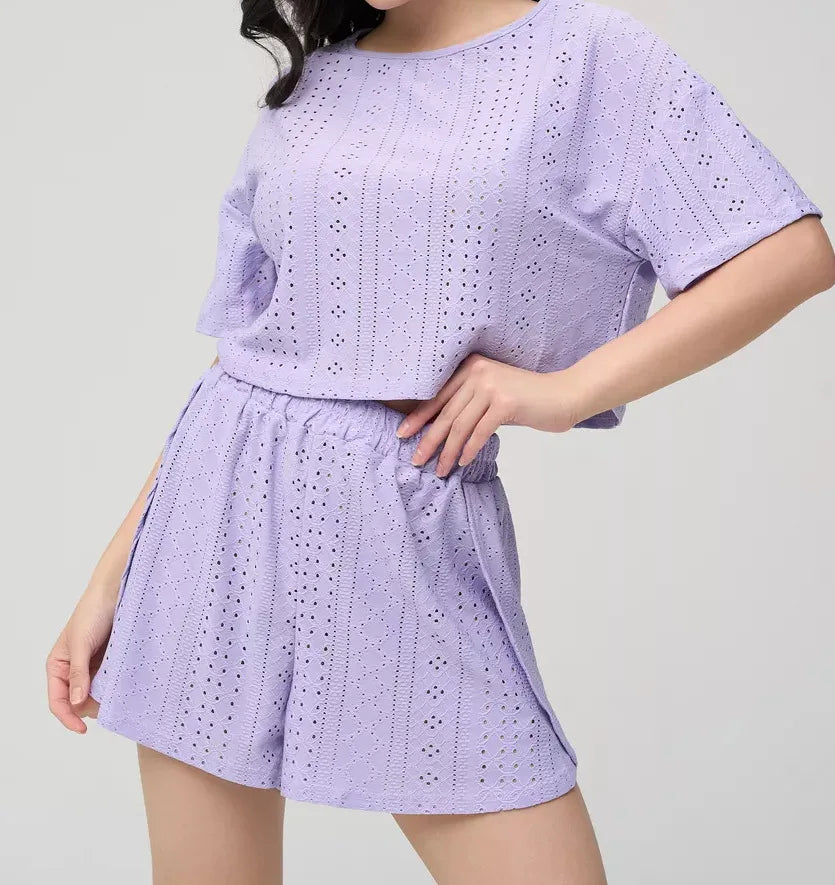 No. 1 Sleepwear Set, 2PC, Peekaboo Shorts, Short Sleeve Top, Eyelet Detailing, Cozy, Summer