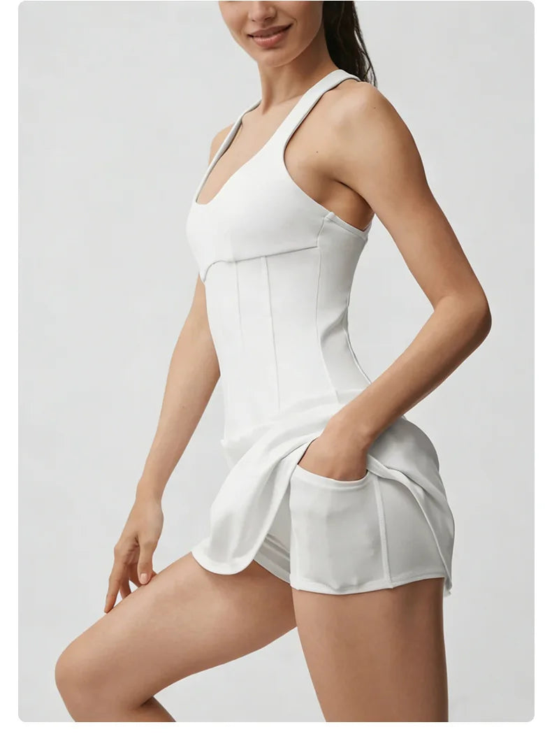 No. 8 Dress, Corset Waist Tennis Dress, Criss Cross Back, Under Shorts, Dry Fit