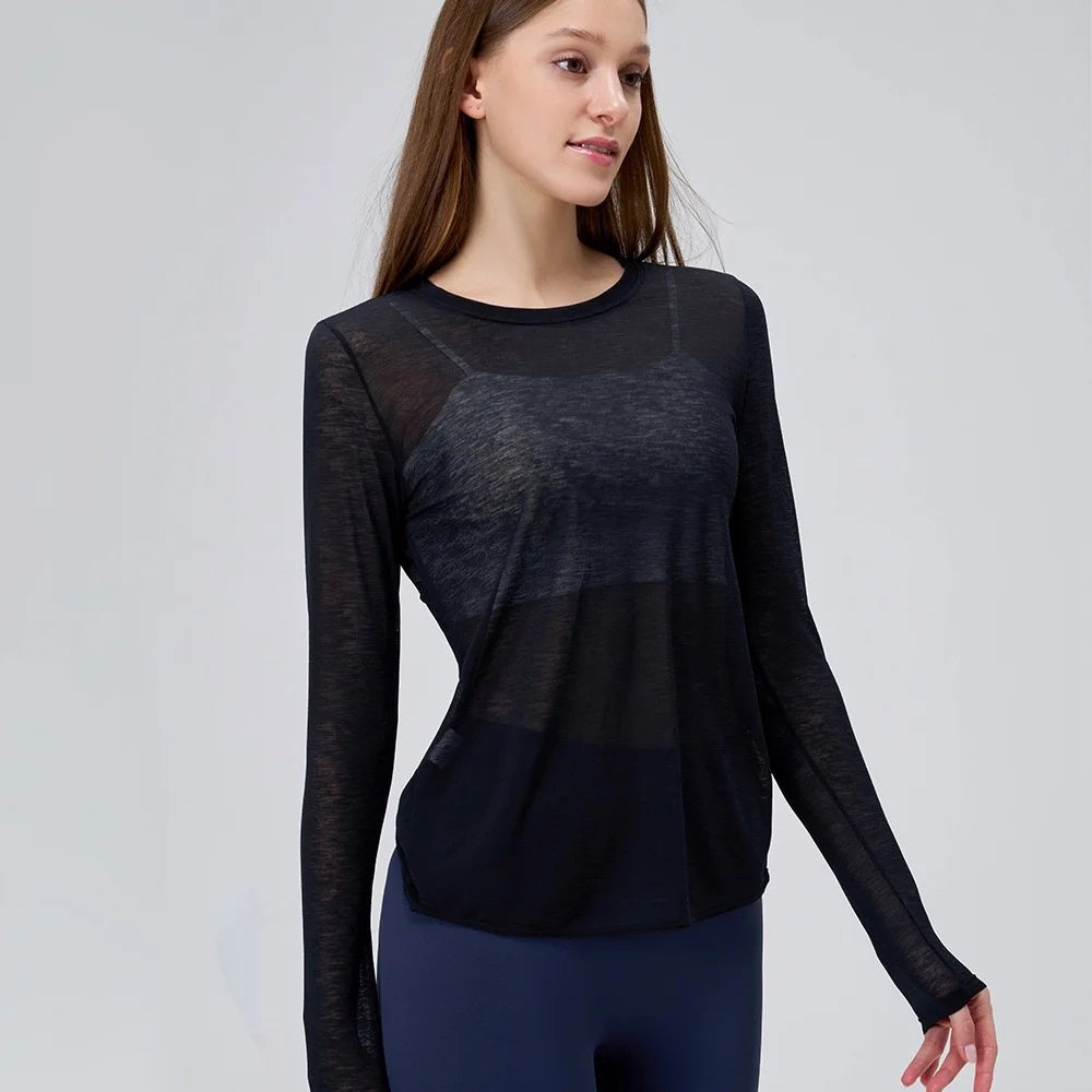 No. 4 Long Sleeve Shirt, Sheer, Light Weight, Cross Draping With Key Hole Back, Long-Sleeve