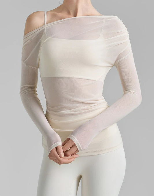 No. 3 Loungewear Top, Asymmetrical, Off the Shoulder, Intentionally Sheer