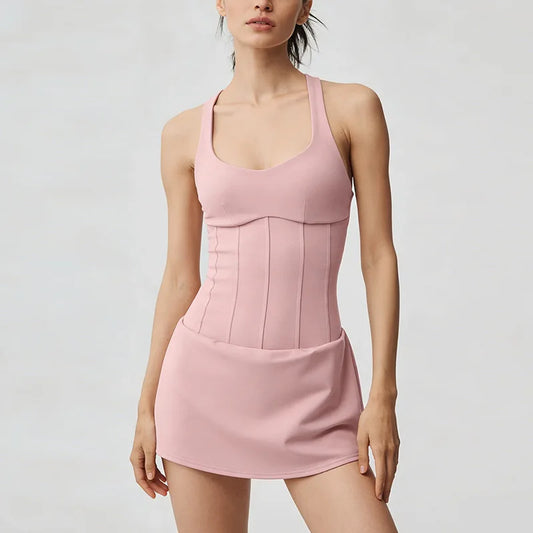 No. 8 Dress, Corset Waist Tennis Dress, Criss Cross Back, Under Shorts, Dry Fit