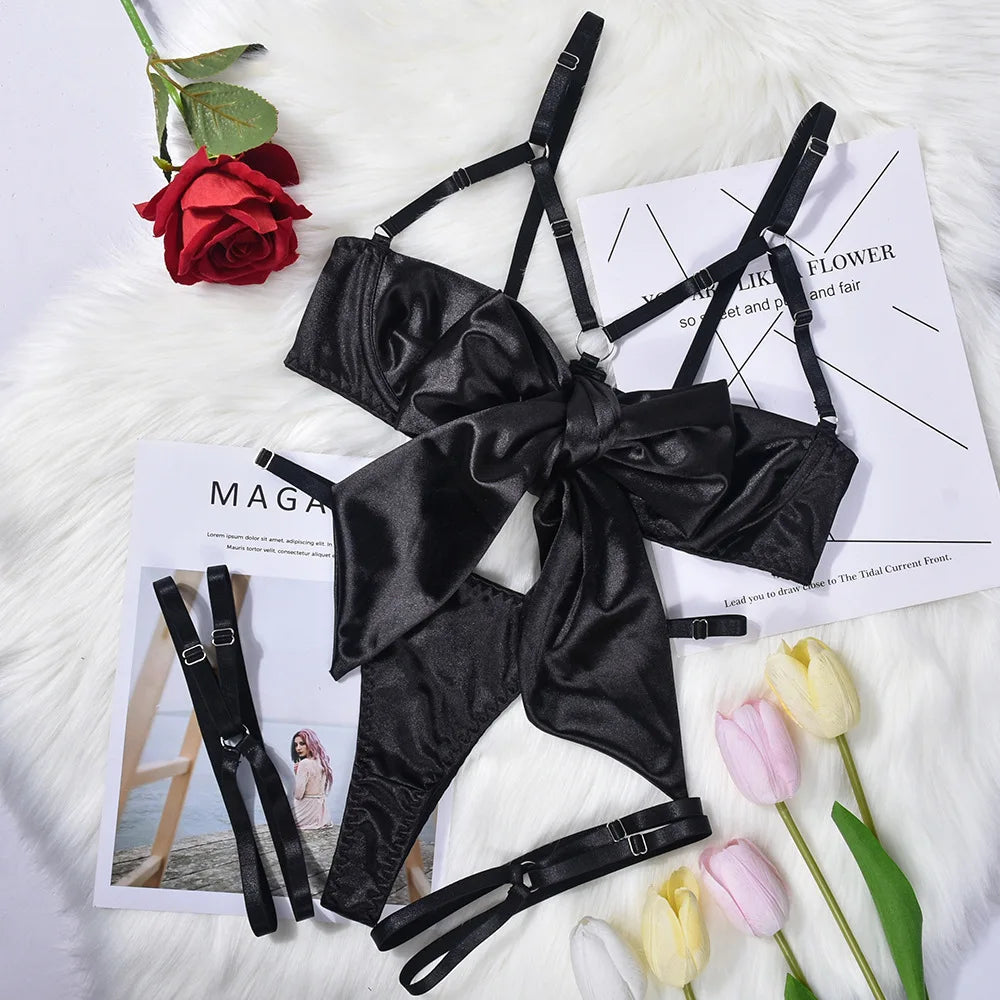 No. 2 Lingerie Set, 3 PC Gift Wrapped Bra With Hollow Cups, Caged Neckline, High Waist Thong, Garters