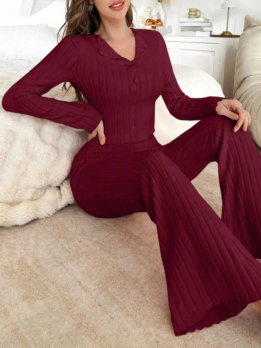 No. 8 Sleepwear Set, Long Sleeve, Ribbed, Lettuce Detailing, Matching Ribbed Flare Pant, Cozy