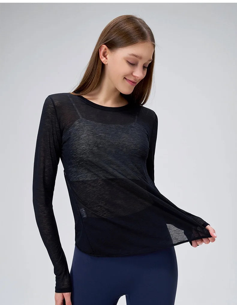 No. 4 Long Sleeve Shirt, Sheer, Light Weight, Cross Draping With Key Hole Back, Long-Sleeve