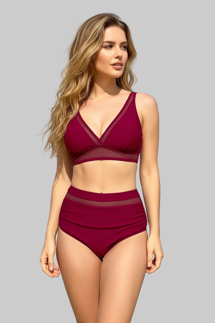 No. 8 Swimsuit, 2-3 PC High Waisted Bikini Set, V- Neck Bralette With Sheer Paneling, Full Coverage Brief, Sheer Mesh Waistband, Extended Sizes Available
