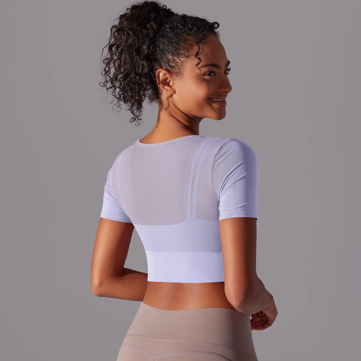 No. 6 Short Sleeve Shirt, 1PC, Peekaboo Neckline, Mesh Back and Chest Detail, Cropped Length