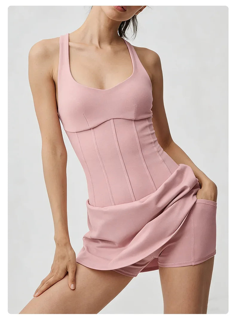 No. 8 Dress, Corset Waist Tennis Dress, Criss Cross Back, Under Shorts, Dry Fit