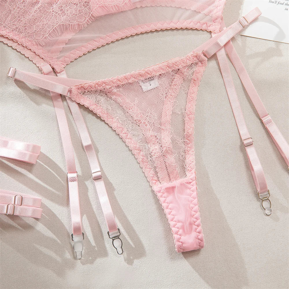 No. 8 Lingerie Set, 4 PC French Lace 3/4 Structured Cup Bra With Garter Belt, Garter, & Thong