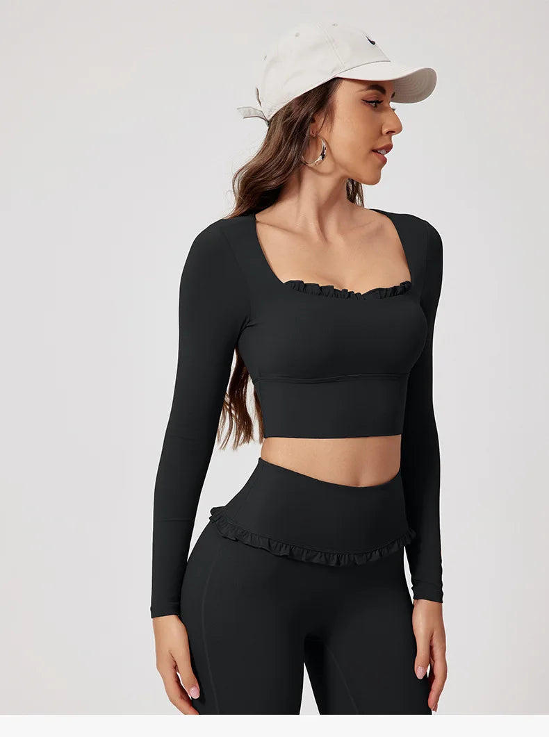 No. 8 Matching Set, Coquette, Ruffle Detailing Along Neckline And Waist, Long Sleeve, Crop Top, Square Neck