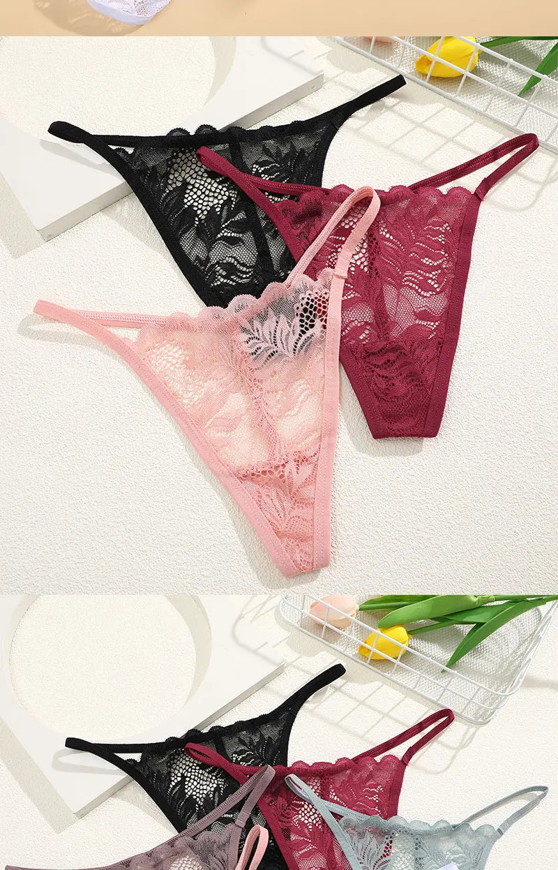 No. 4 Lingerie Panty, 6 PC Thong Set, Low Rise, Bikini Cut, Lace Front, G-String