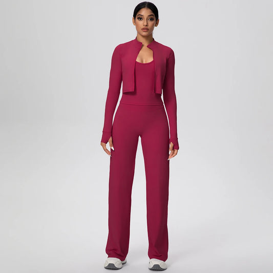 No. 1 Matching Set, 3 PC Full Zip Jacket, Halter Tank, and Wide Leg Pant