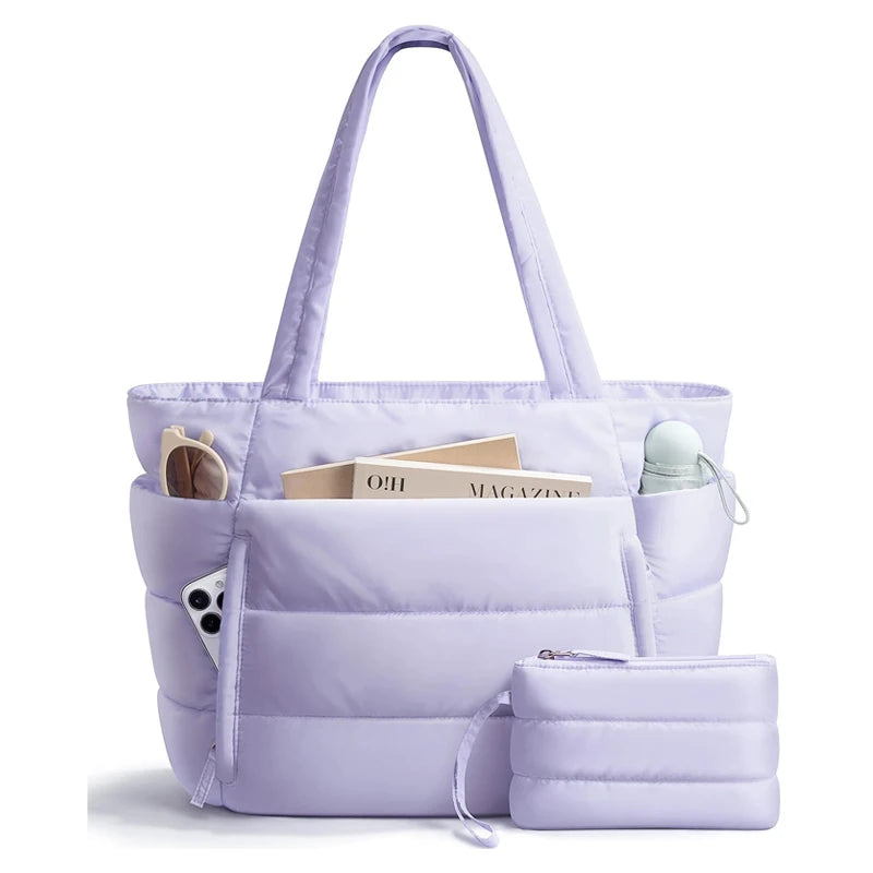 No. 4 Tote, Cloud Carry Quilted Tote, Soft Puffer-Style, Luggage Sleeve, Matching Pouch Included
