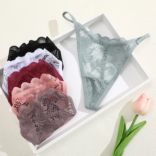 No. 4 Lingerie Panty, 6 PC Thong Set, Low Rise, Bikini Cut, Lace Front, G-String