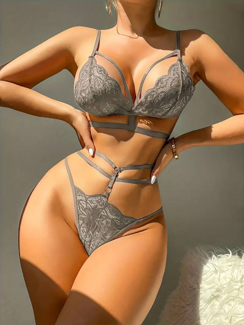 No. 4 Lingerie Set, 2 PC High Waisted Thong Panty With Hollowed Out Detailing, Caged Backless Bra