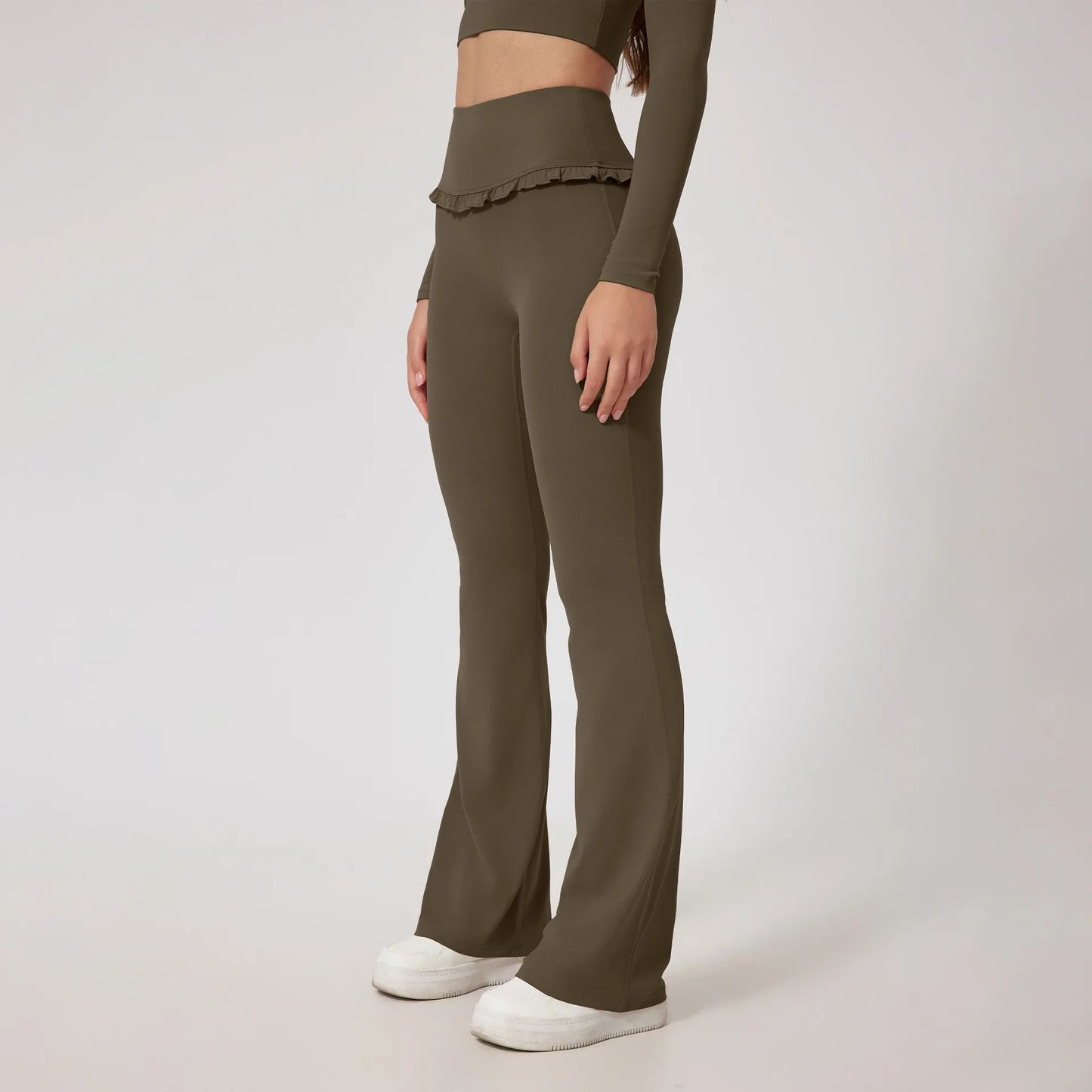 No. 8 Matching Set, Coquette, Ruffle Detailing Along Neckline And Waist, Long Sleeve, Crop Top, Square Neck