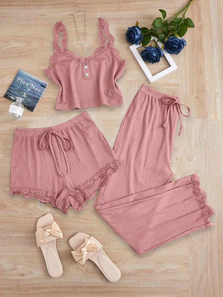 No. 5 Sleepwear Set, 3PC, Scalloped Neckline Tank Top, Ribbed Matching Shorty Short, Matching Scallop Hem Pant, Soft Essential