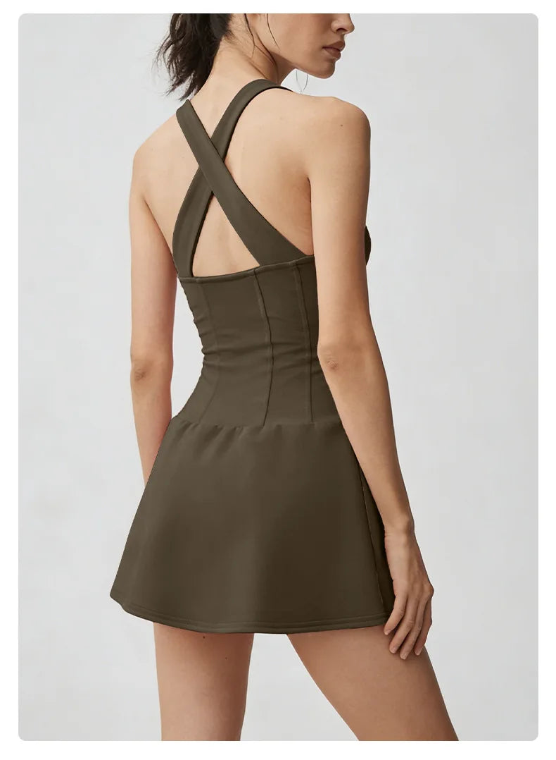No. 8 Dress, Corset Waist Tennis Dress, Criss Cross Back, Under Shorts, Dry Fit