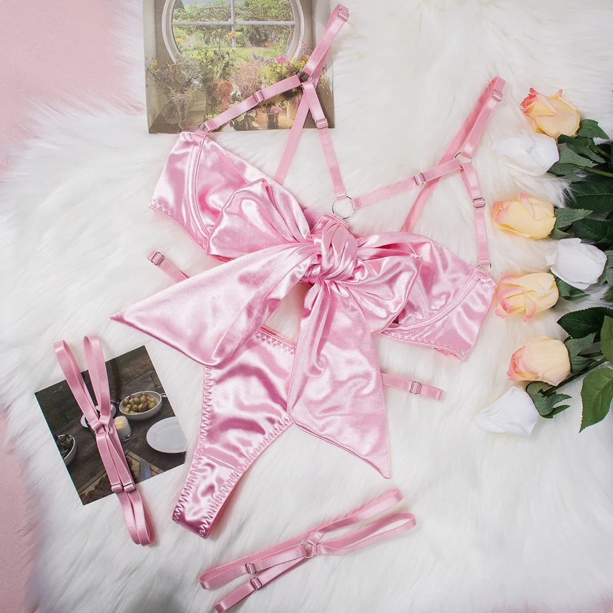 No. 2 Lingerie Set, 3 PC Gift Wrapped Bra With Hollow Cups, Caged Neckline, High Waist Thong, Garters