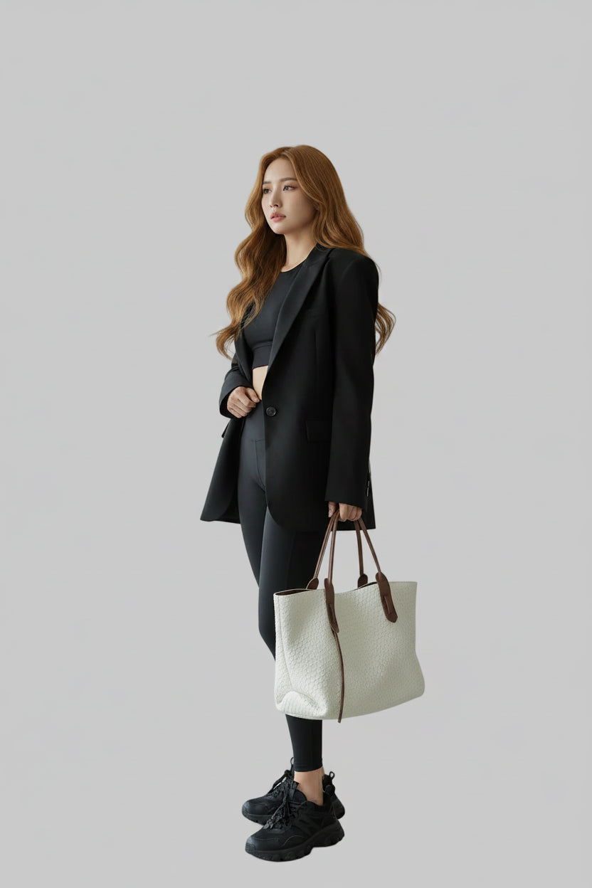 No. 5 Tote, Knitted Tote Bag, Woven, Slouchy, Oversized, Faux Leather,