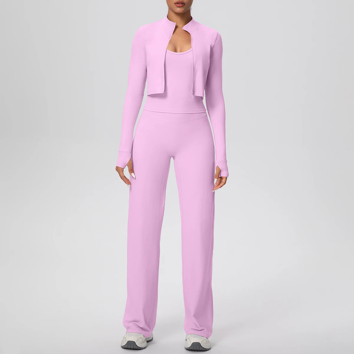 No. 1 Matching Set, 3 PC Full Zip Jacket, Halter Tank, and Wide Leg Pant