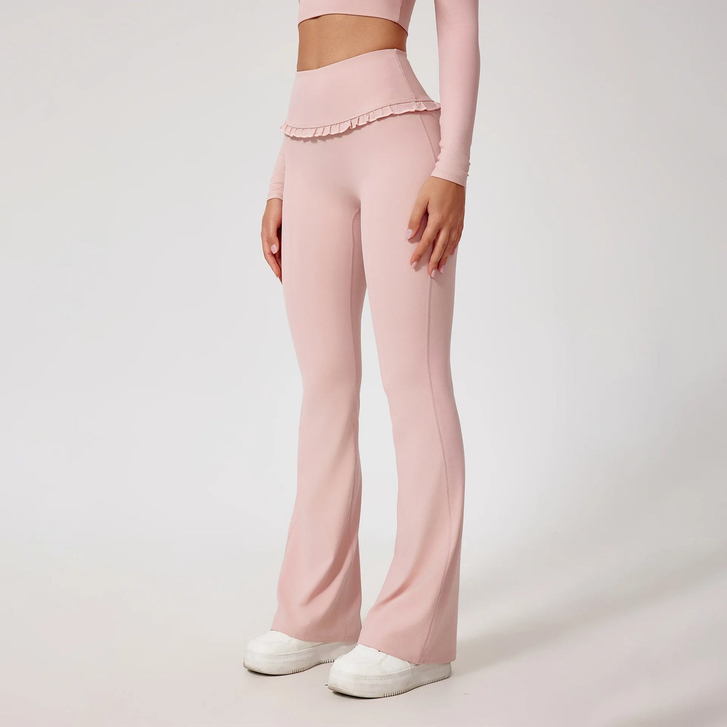 No. 8 Matching Set, Coquette, Ruffle Detailing Along Neckline And Waist, Long Sleeve, Crop Top, Square Neck