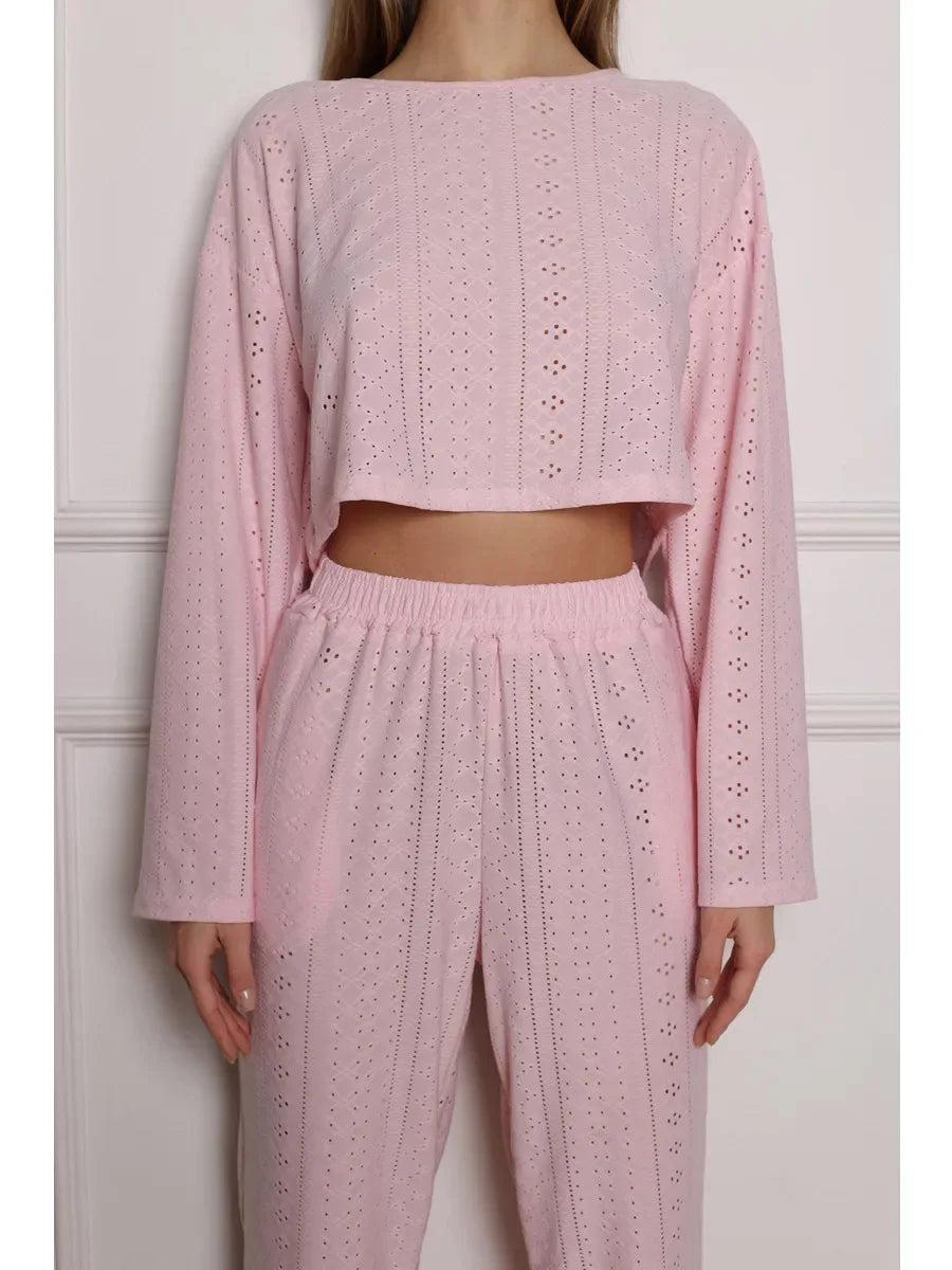 No. 7 Sleepwear Set, 2 PC, Semi Sheer, Long Sleeve, Pant, Eyelet Detailing, Cozy, Summer