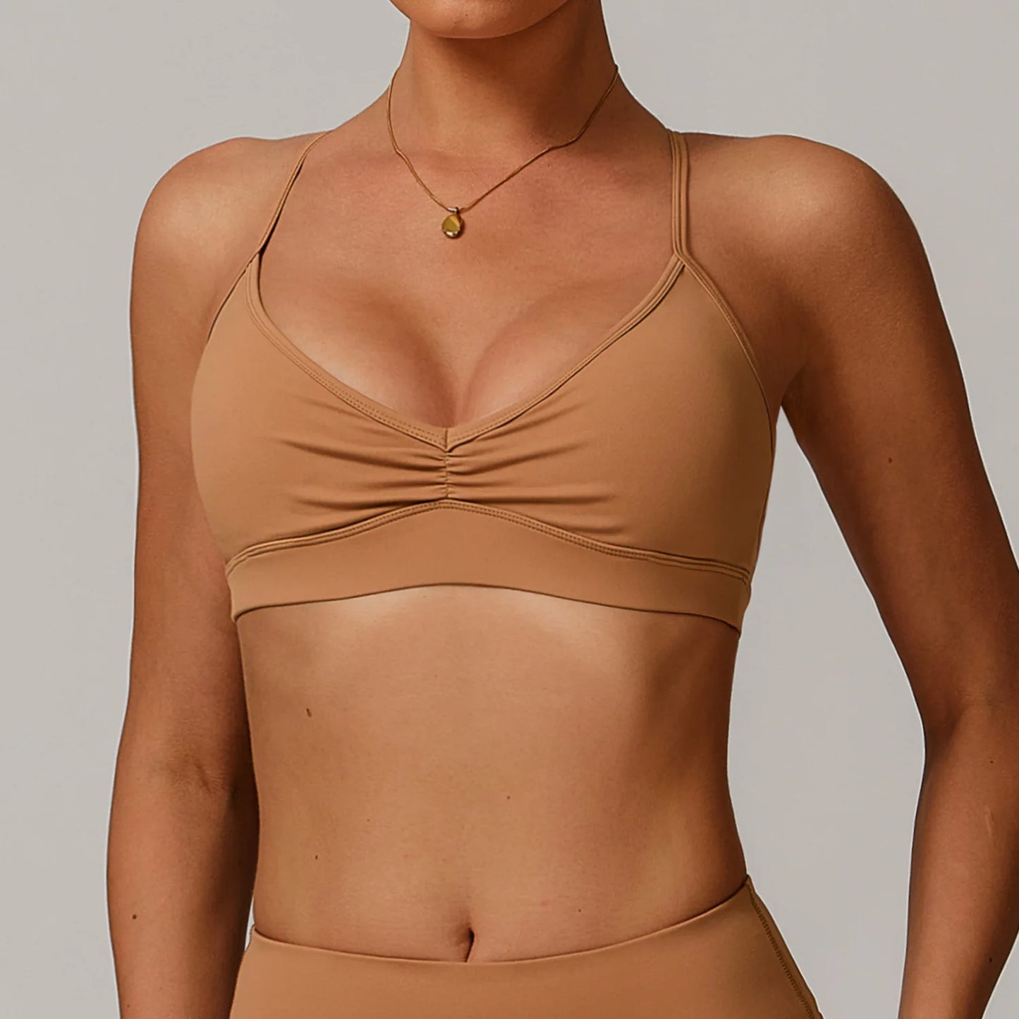 No. 2 Sports Bra, Plunging Neckline, Ruching Detailing, Halter Top, Open Back Design