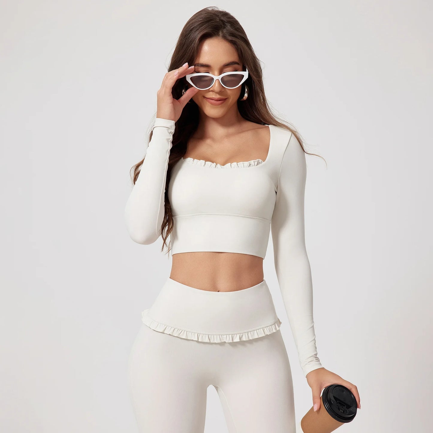 No. 8 Matching Set, Coquette, Ruffle Detailing Along Neckline And Waist, Long Sleeve, Crop Top, Square Neck