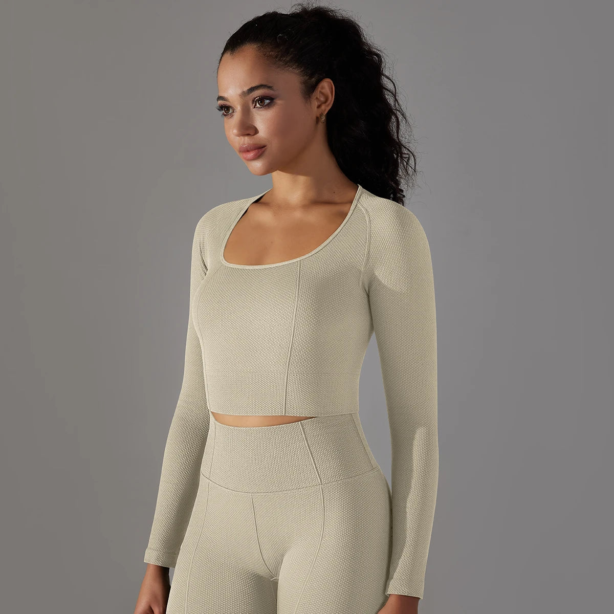 No. 2 Matching Set, Long Sleeve Scoop Neck Compressive Crop Top, With Training Legging