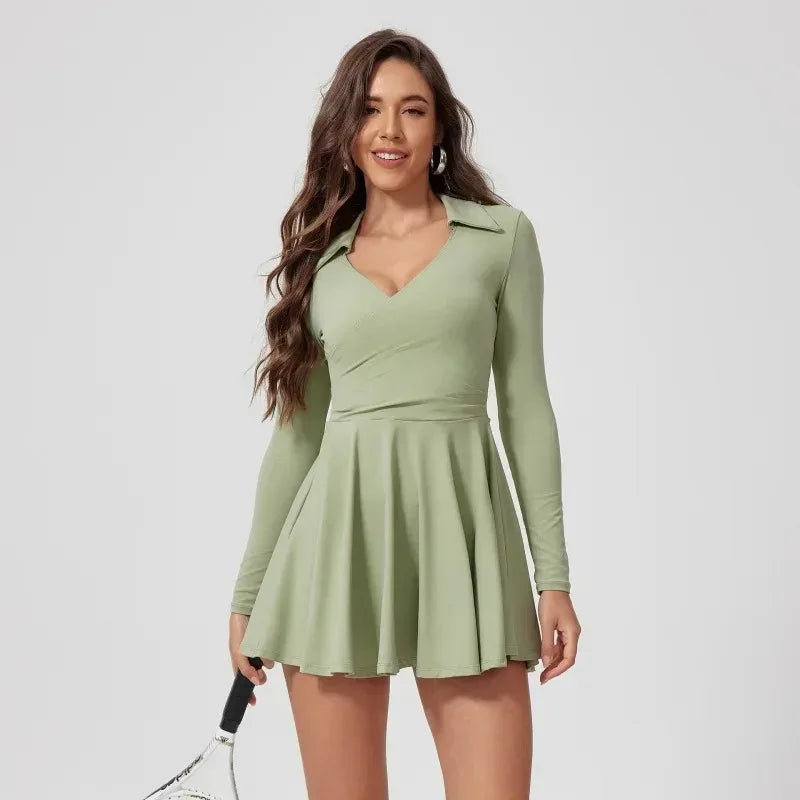 No. 5 Dress, Collared, V-Neck, Long Sleeve, Free Flowing Skirt With Shorts, Golf, Tennis