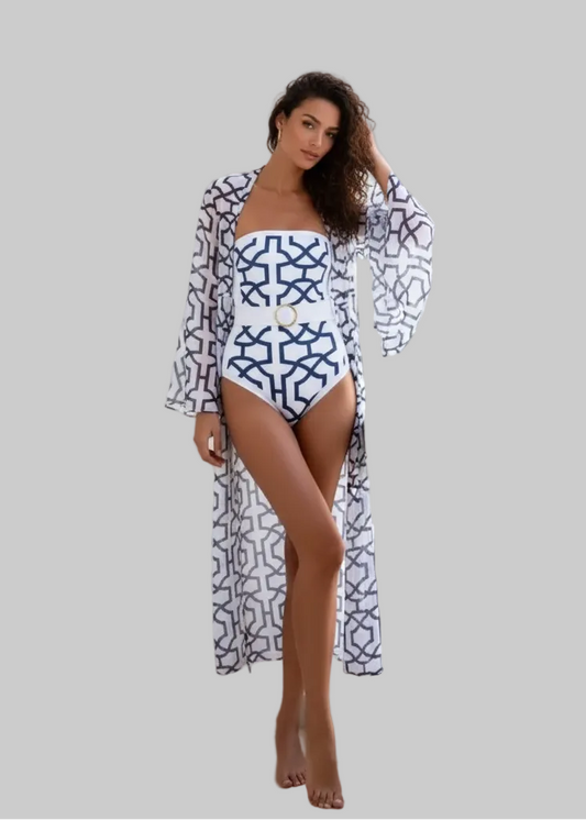 No. 4 Swimsuit, The Bloom Bandeau 1 PC, Waist Accentuating Belt, Includes Intentionally Sheer Maxi Cover With Bell Sleeves, Tie Waist, And Open Front Design